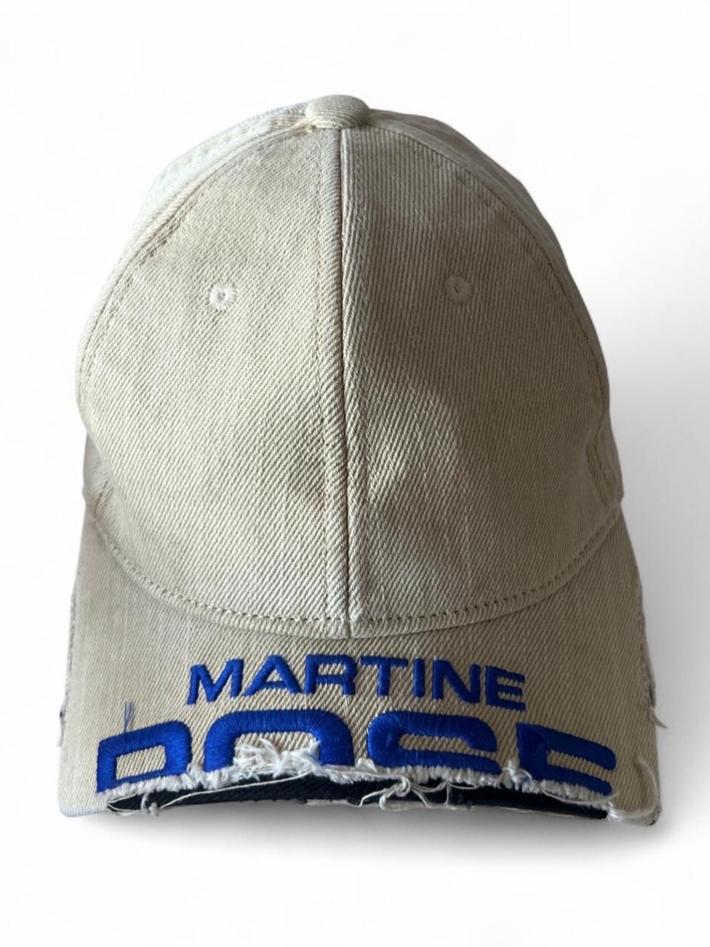 Martine Rose Distressed Beige Baseball Cap with Blue Embroidered